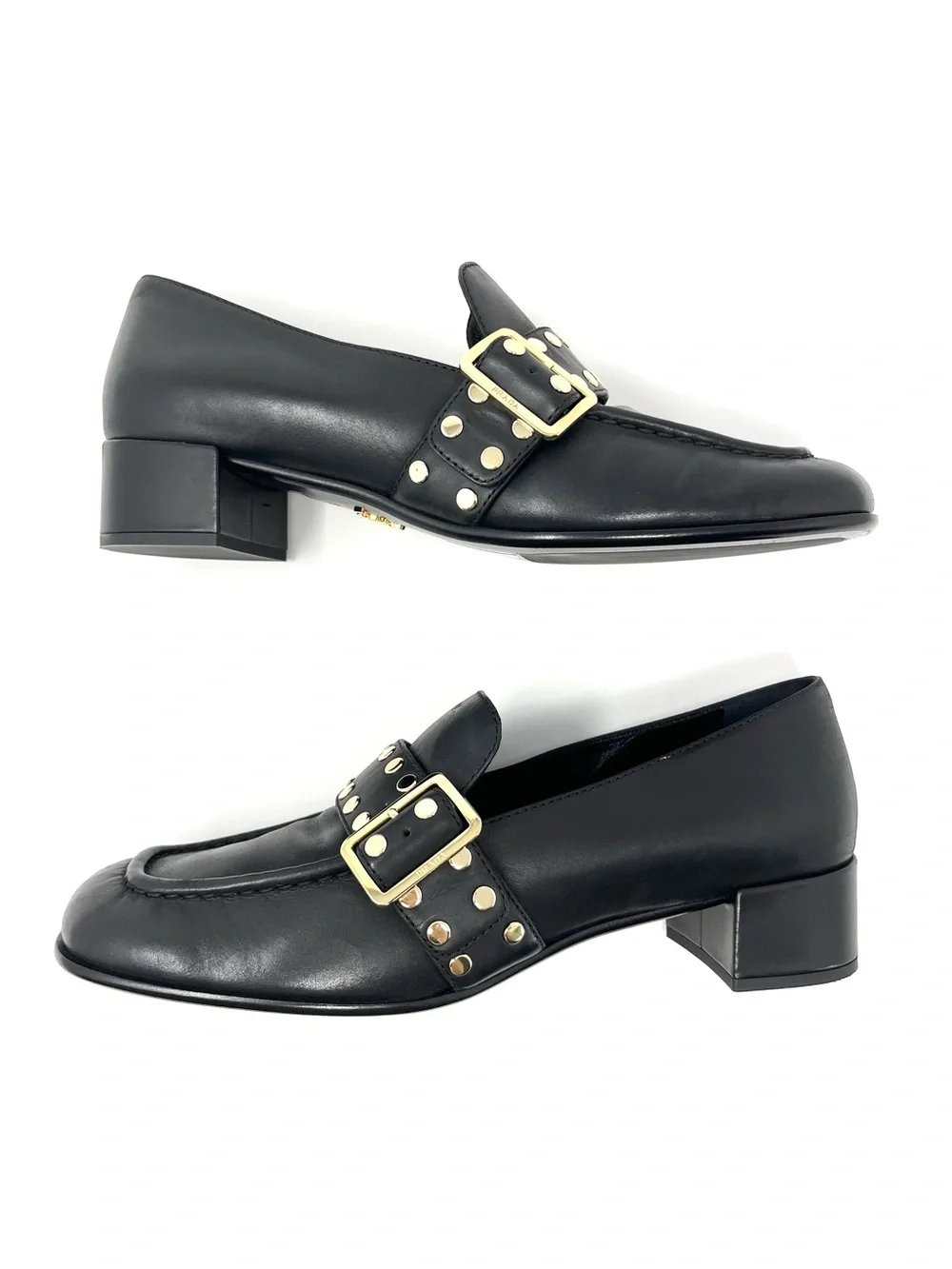 Prada Logo Black Leather Gold Studded Buckle Loafers Heels Shoes Chunky 39.5 9.5